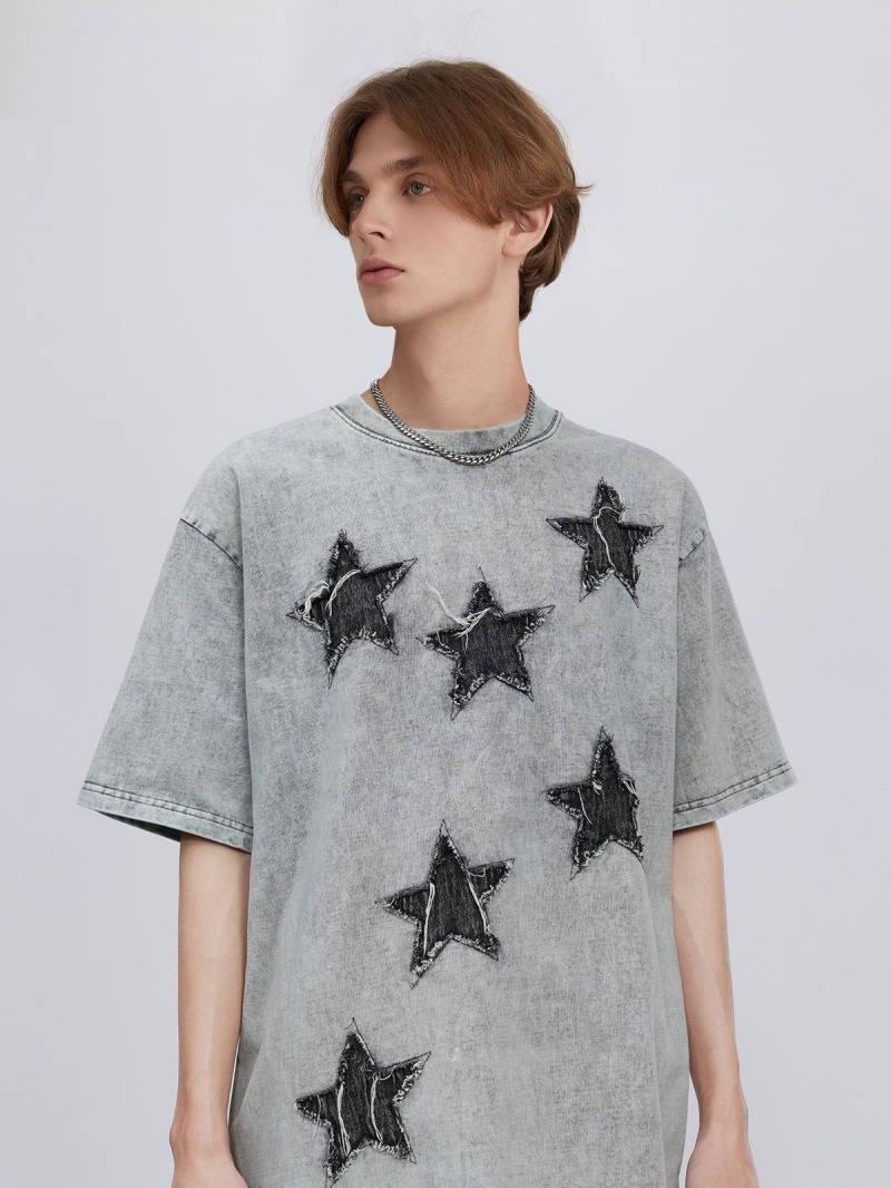 Grise  T Shirts Aelfric Eden Denim Star Patchwork Washed Tee - WGZ-4790708